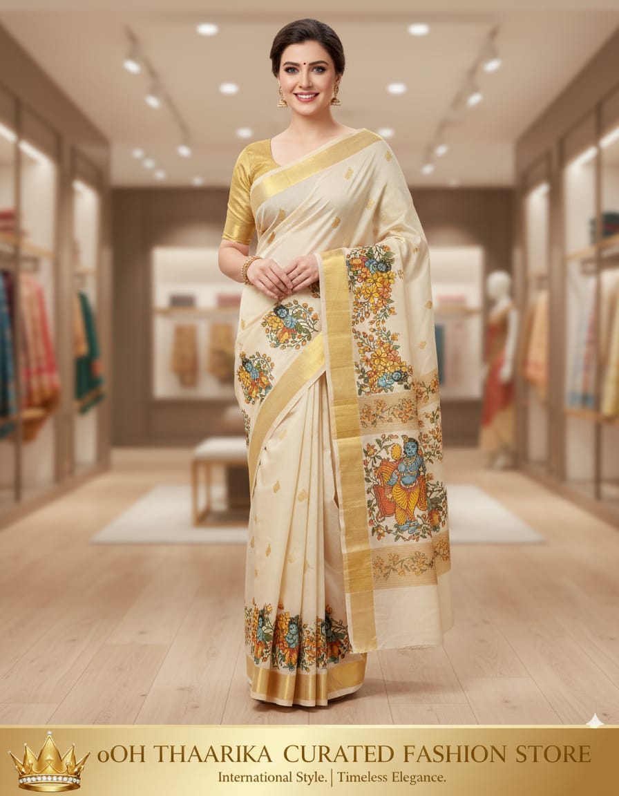Kerala Kasavu Saree – Floral & Krishna Print