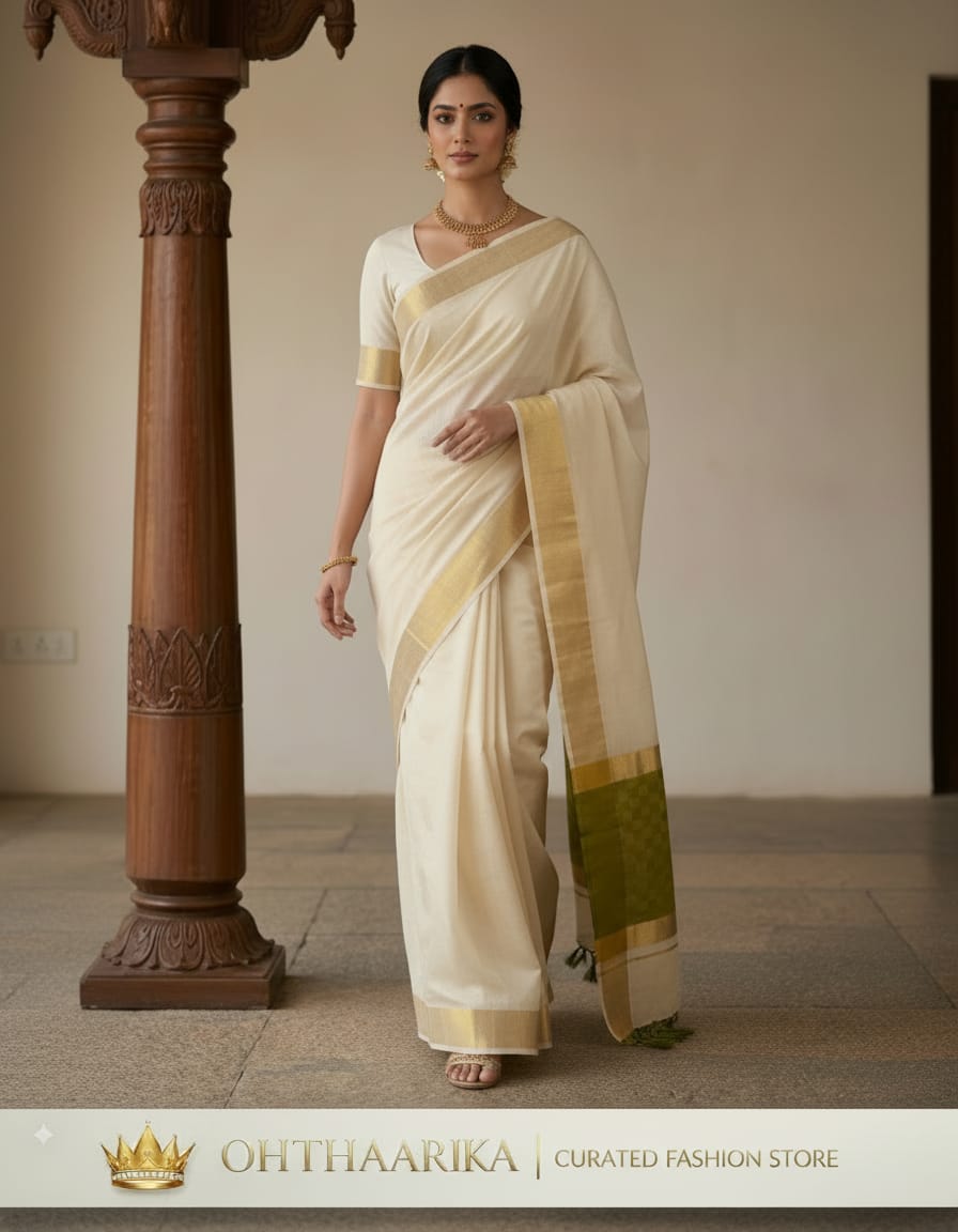 Kerala Kasavu Saree – Off White with Olive Green & Gold Zari Pallu