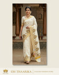 Kerala Kasavu Peacock Embroidery Saree – Off White with Gold Zari Border