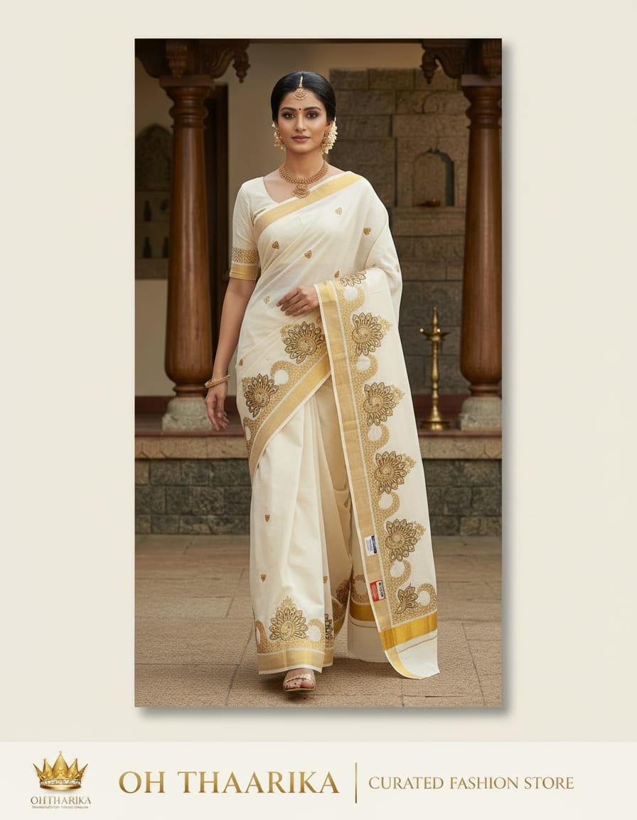 Kerala Kasavu Peacock Embroidery Saree – Off White with Gold Zari Border