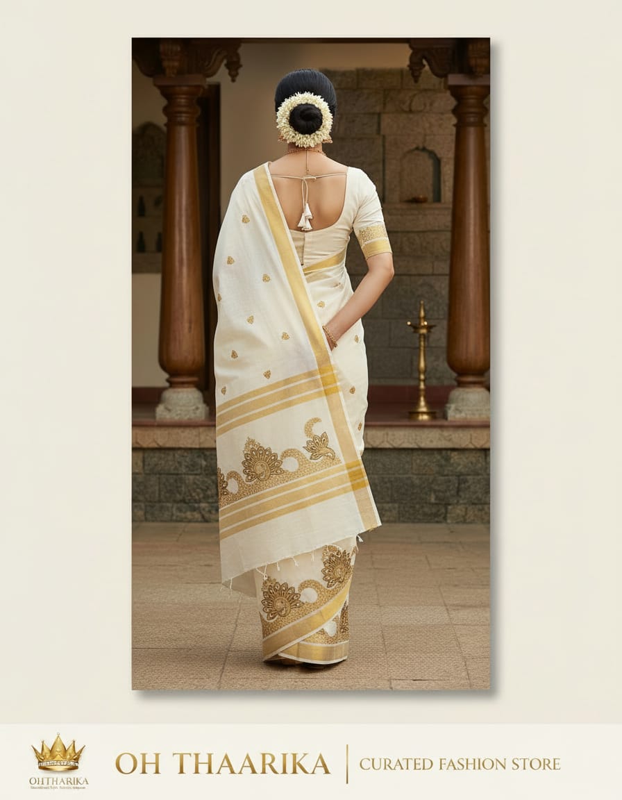 Kerala Kasavu Peacock Embroidery Saree – Off White with Gold Zari Border