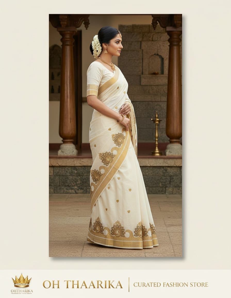 Kerala Kasavu Peacock Embroidery Saree – Off White with Gold Zari Border