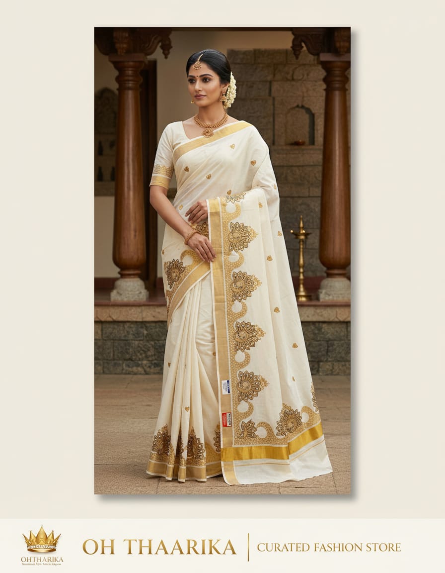 Kerala Kasavu Peacock Embroidery Saree – Off White with Gold Zari Border