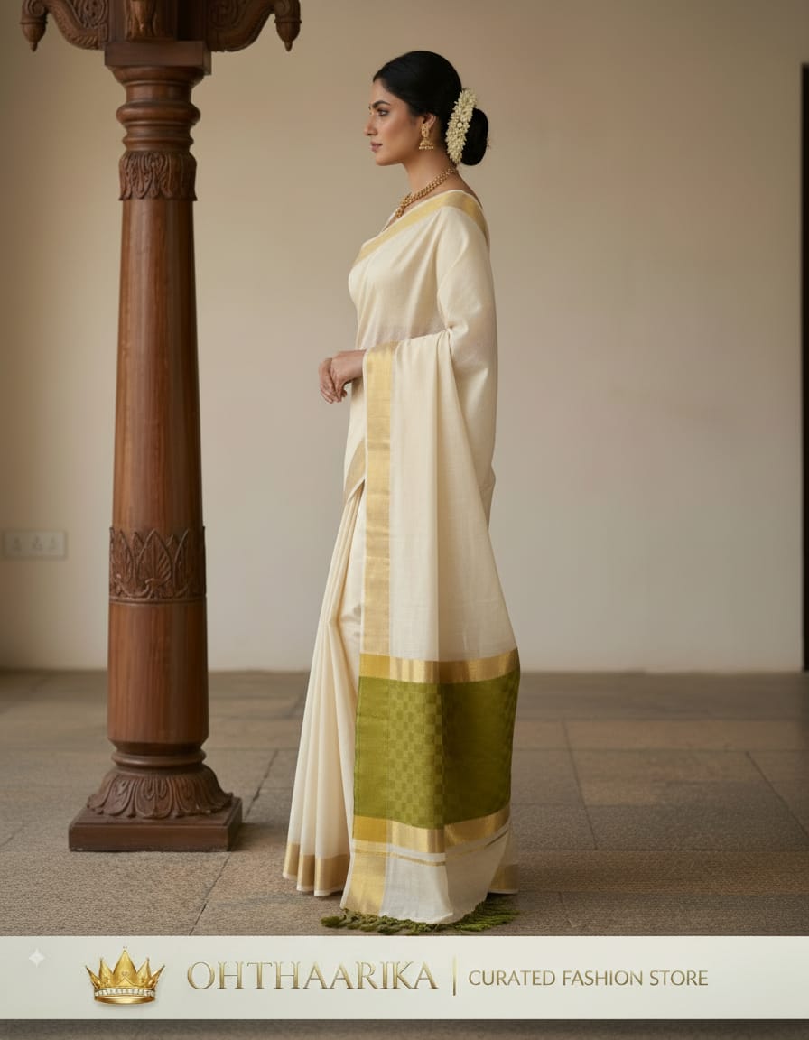 Kerala Kasavu Saree – Off White with Olive Green & Gold Zari Pallu