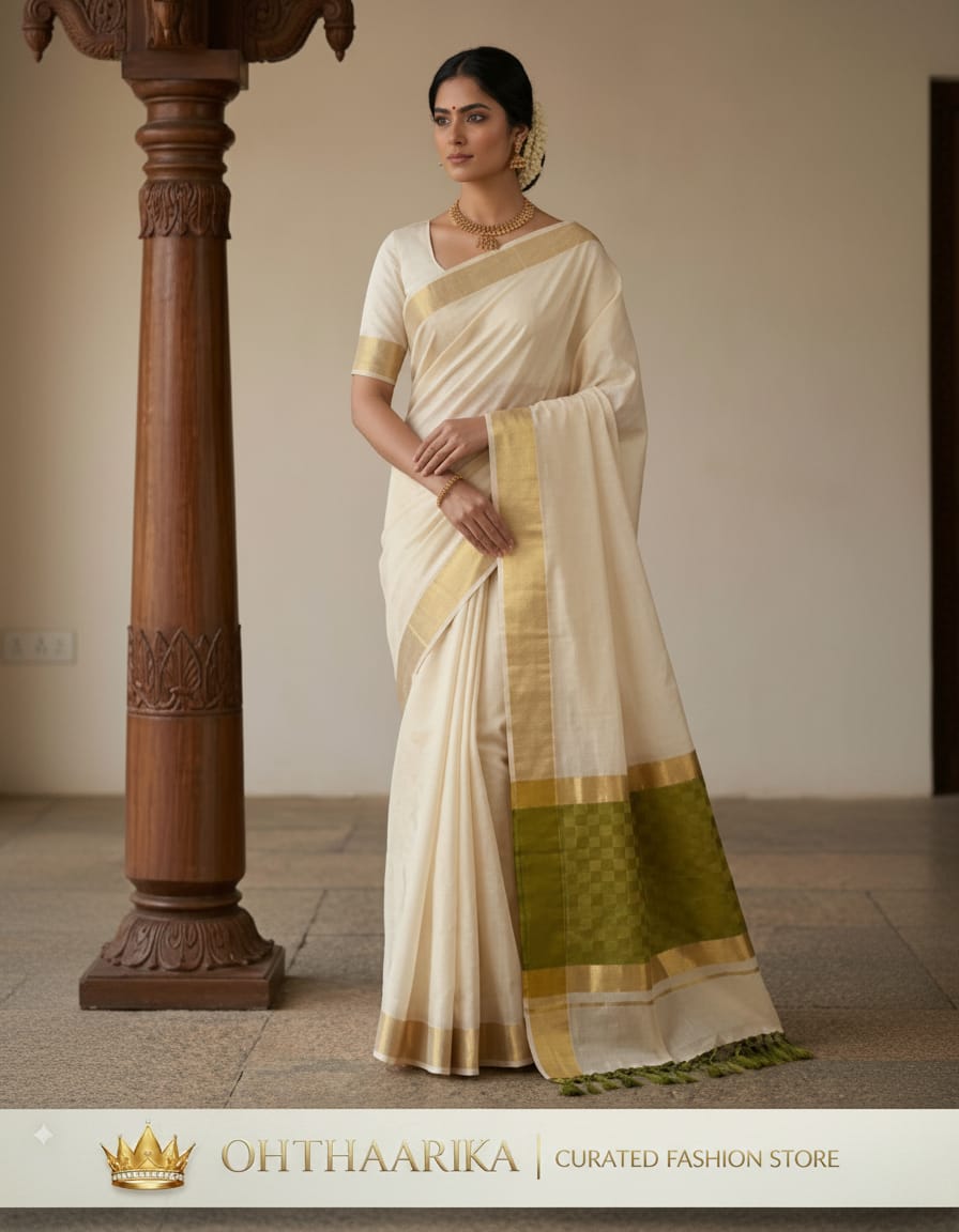 Kerala Kasavu Saree – Off White with Olive Green & Gold Zari Pallu