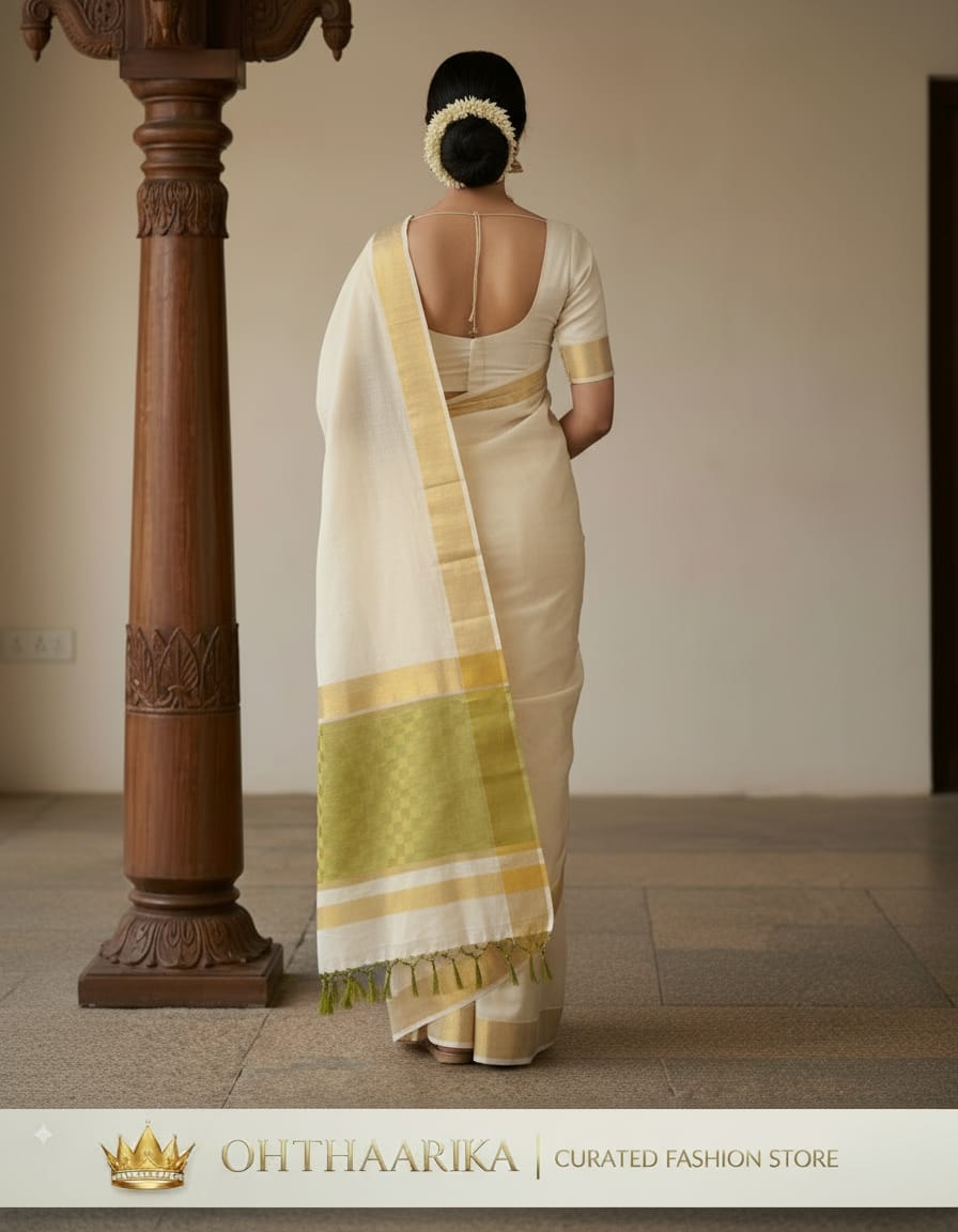 Kerala Kasavu Saree – Off White with Olive Green & Gold Zari Pallu
