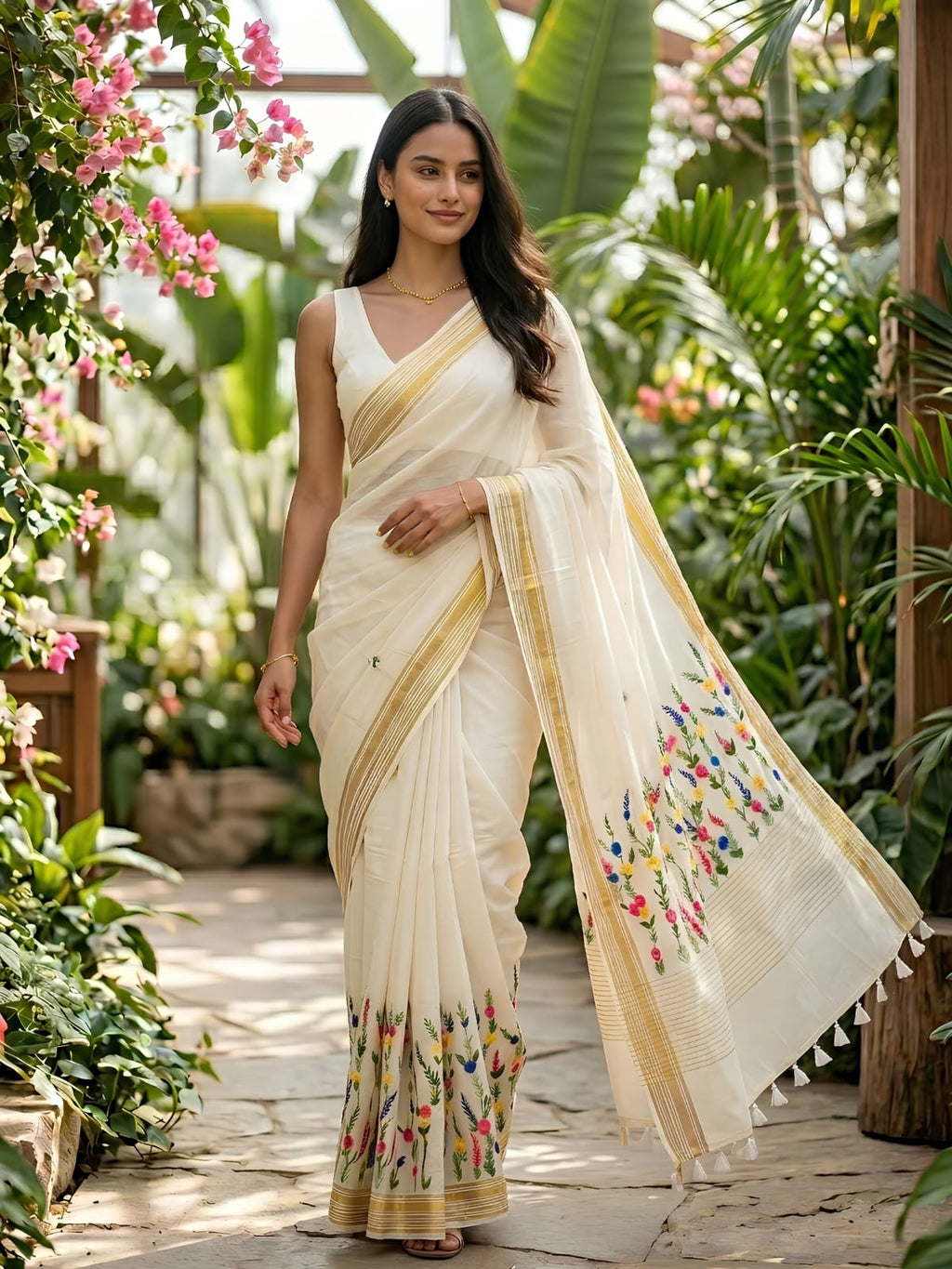Mul Cotton Floral Embroidery Saree – Off White with Gold Zari Border & Tassel