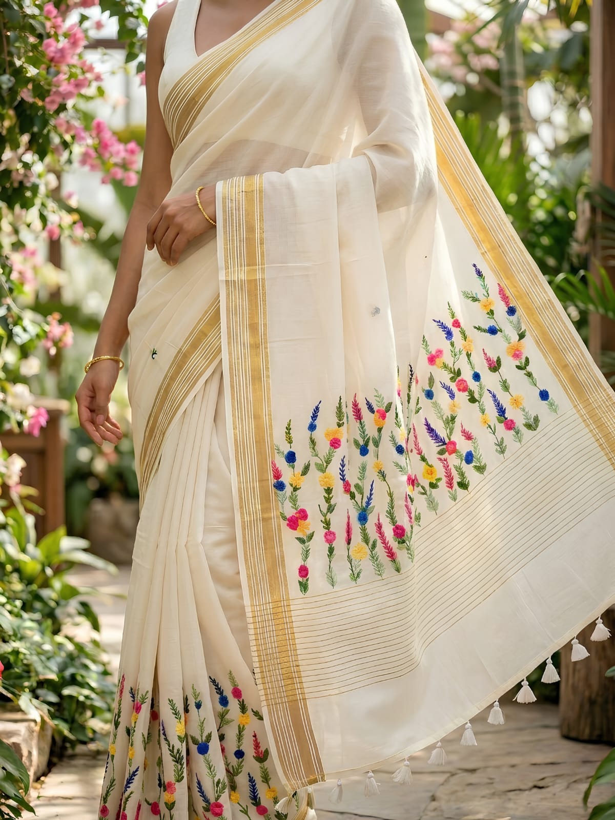 Mul Cotton Floral Embroidery Saree – Off White with Gold Zari Border & Tassel