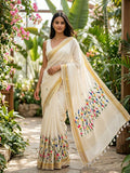 Mul Cotton Floral Embroidery Saree – Off White with Gold Zari Border & Tassel