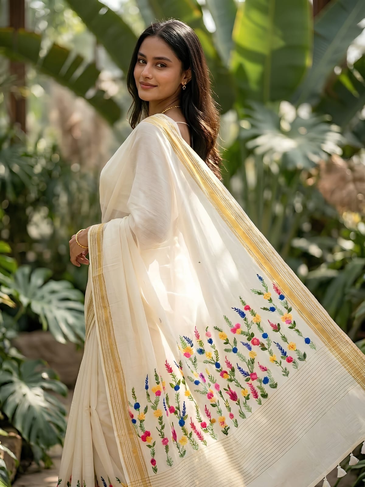 Mul Cotton Floral Embroidery Saree – Off White with Gold Zari Border & Tassel