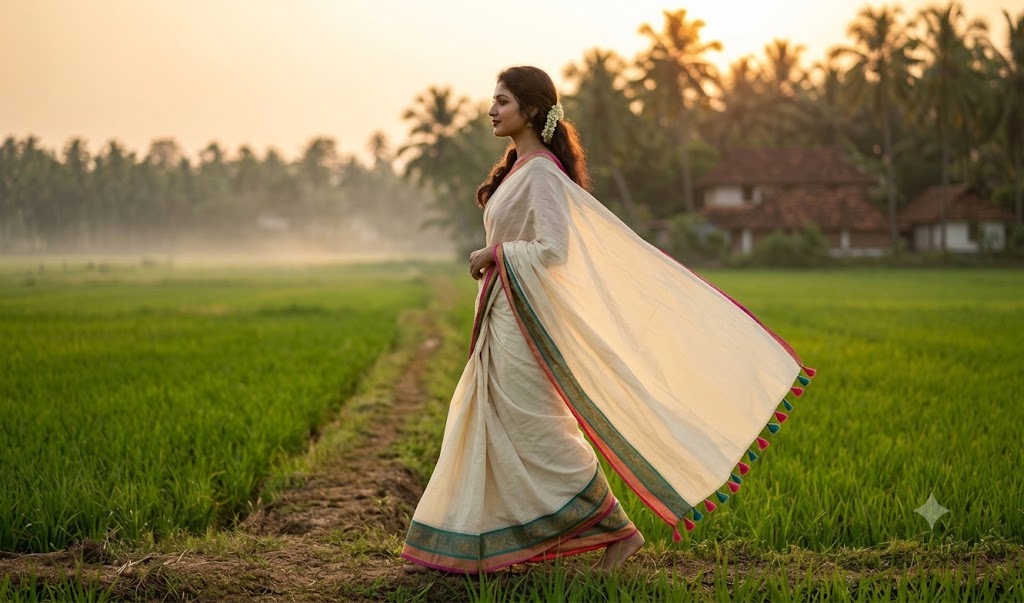 Kerala Mul Cotton Saree - Teal Pink Border