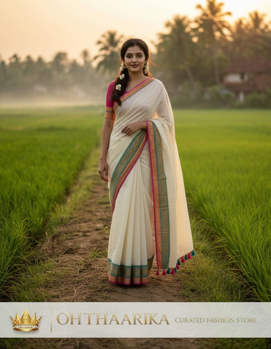 Kerala Mul Cotton Saree - Teal Pink Border