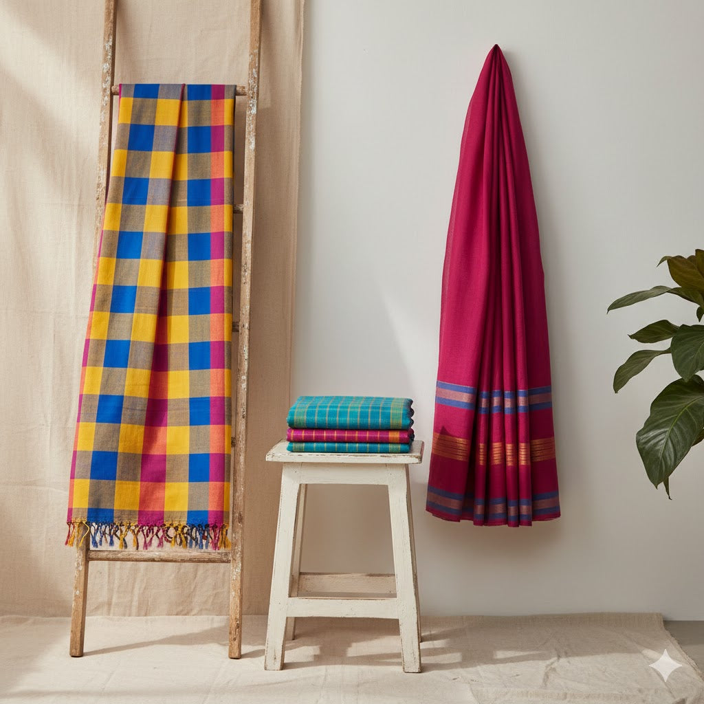 Vibrant Checkered Handloom Saree - Multicolor Cotton