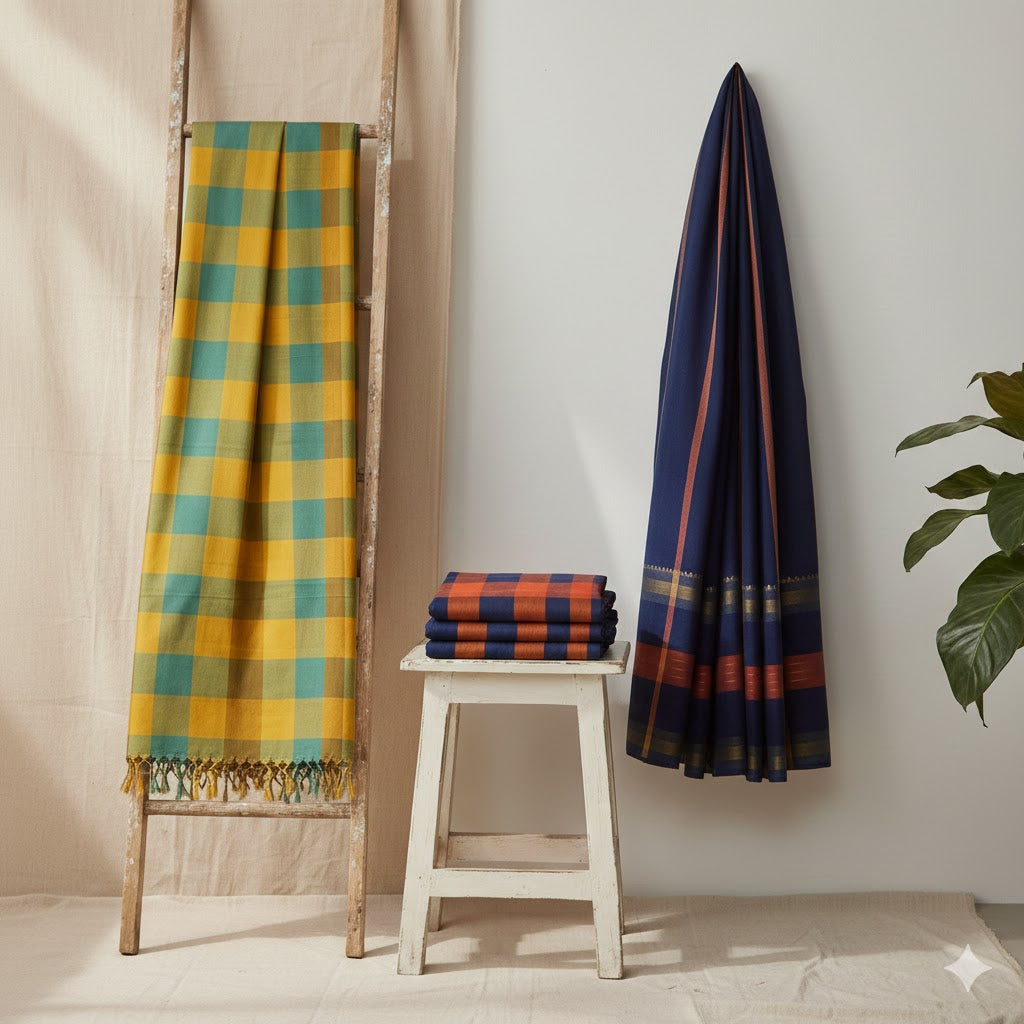 Vibrant Checkered Handloom Saree - Multicolor Cotton