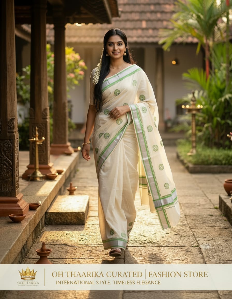 Balaramapuram Kerala Saree with Green Peacock Motif 6.25 Mtr