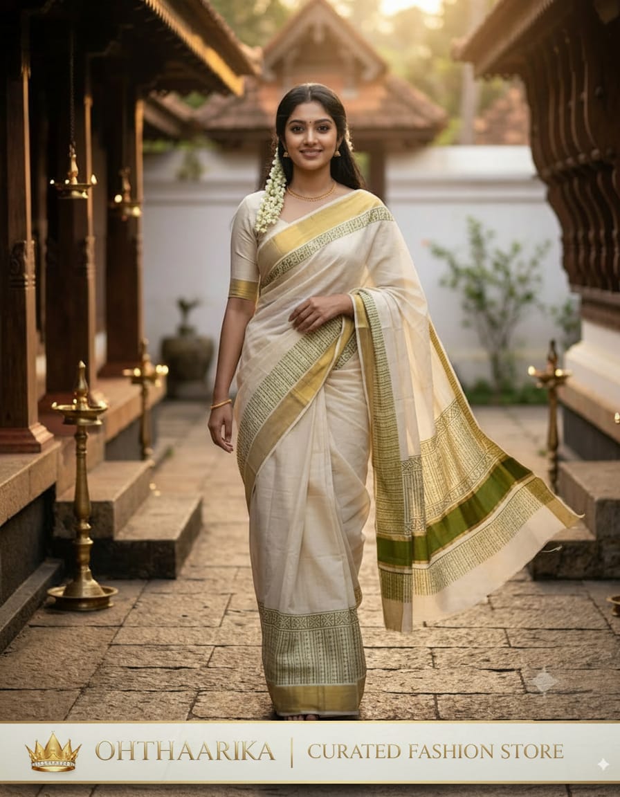 Kerala Tissue Silver Block Print Saree 6.25 Mtr