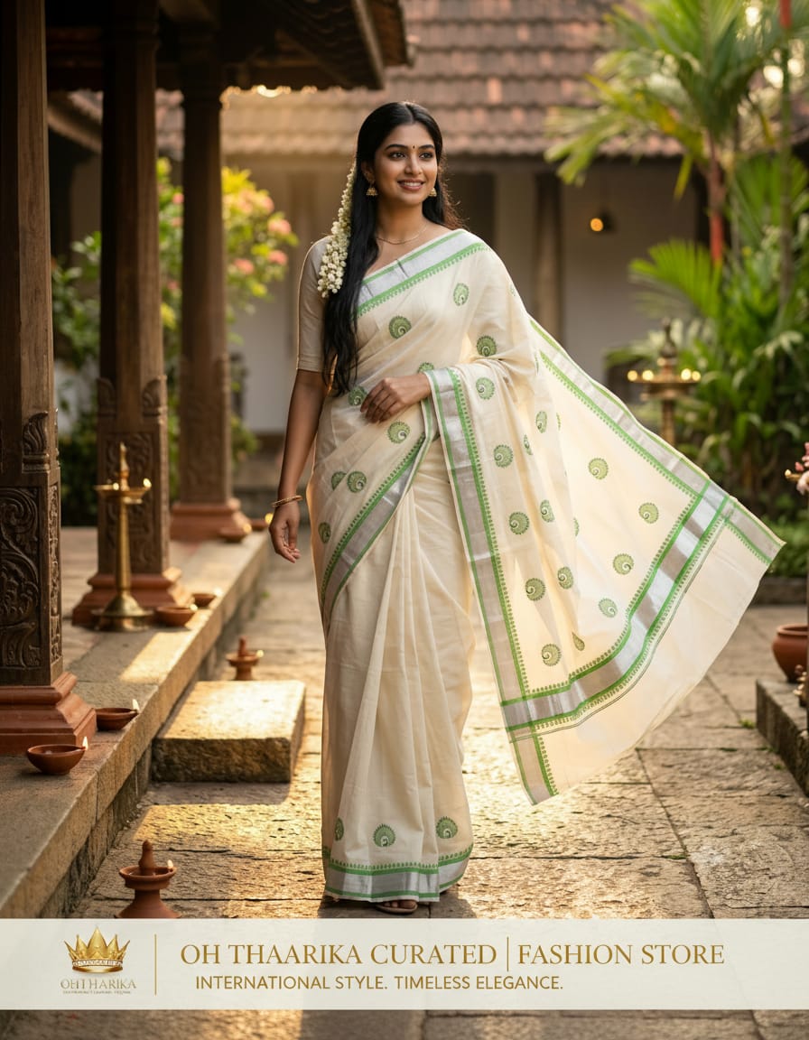 Balaramapuram Kerala Saree with Green Peacock Motif 6.25 Mtr