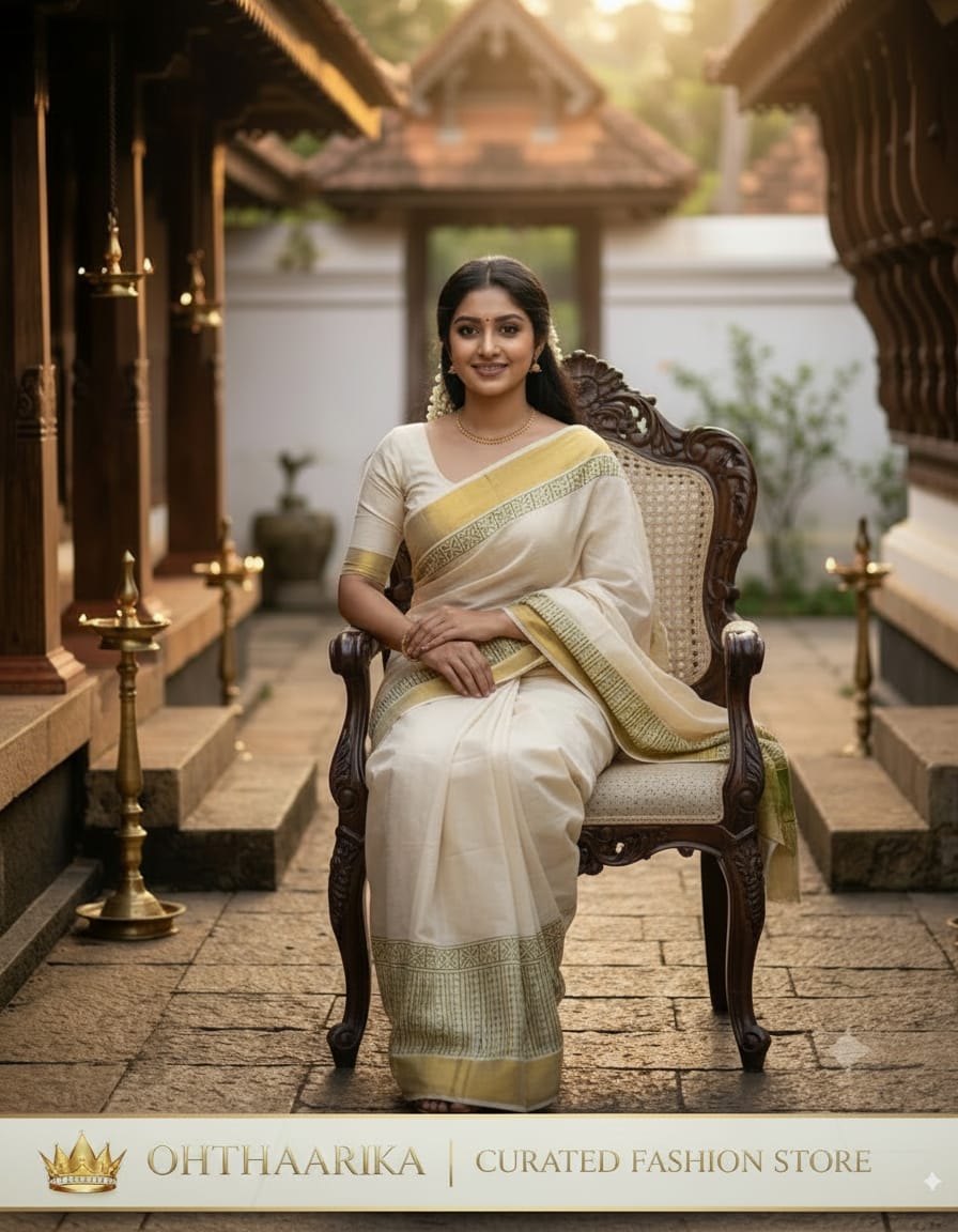Kerala Tissue Silver Block Print Saree 6.25 Mtr