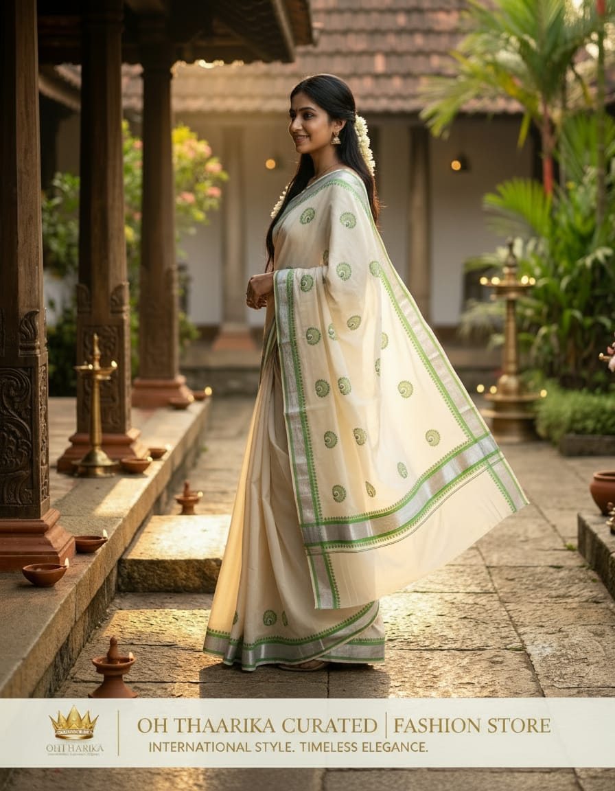 Balaramapuram Kerala Saree with Green Peacock Motif 6.25 Mtr
