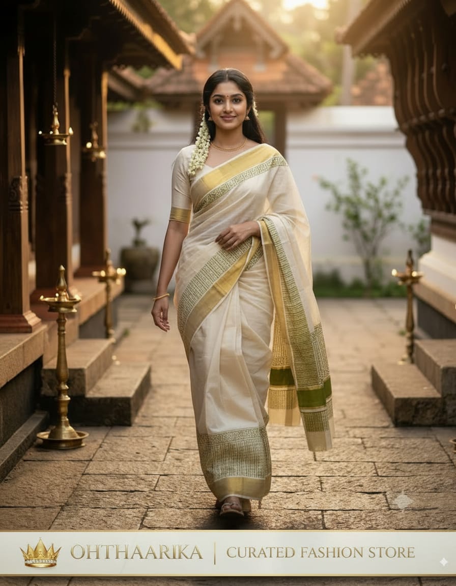 Kerala Tissue Silver Block Print Saree 6.25 Mtr